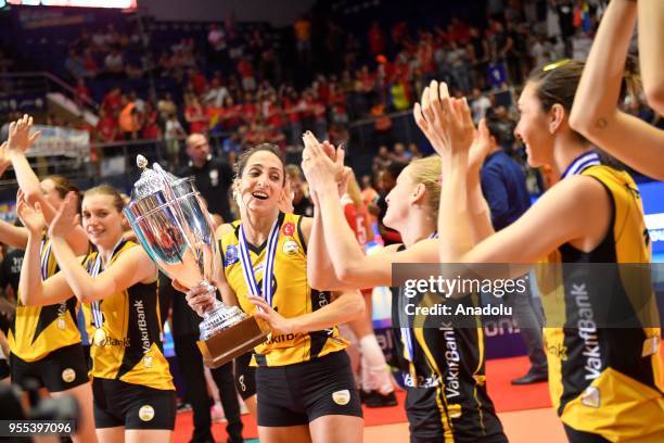 VakifBank Istanbul's players celebrate with the trophy after winning the Gold medal following the match between CS Volei Alba Blaj and VakifBank...