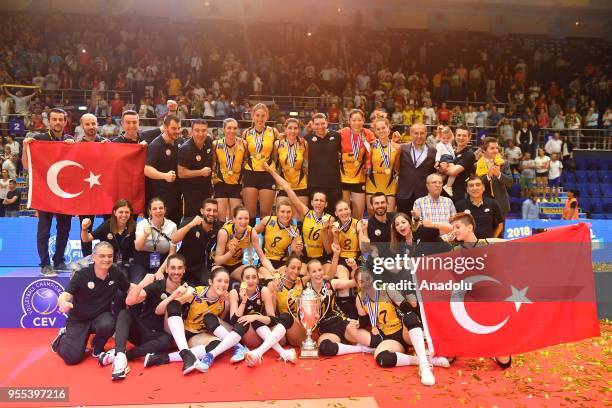 VakifBank Istanbul's players pose with the trophy after winning the Gold medal following the match between CS Volei Alba Blaj and VakifBank Istanbul...