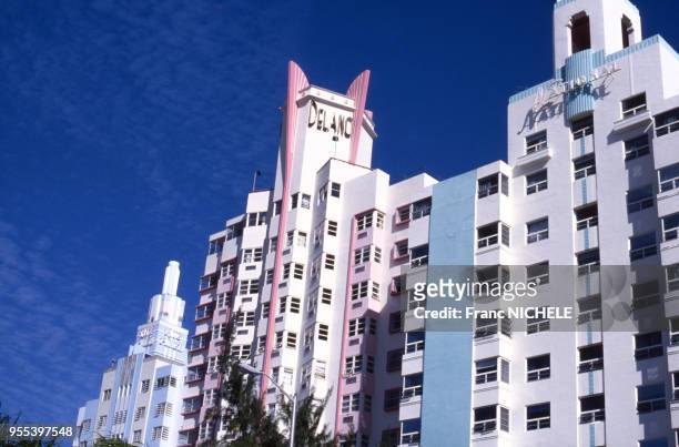 Immeubles d'architecture art déco dans le quartier du Miami Beach Architectural District, en Floride, Etats-Unis.