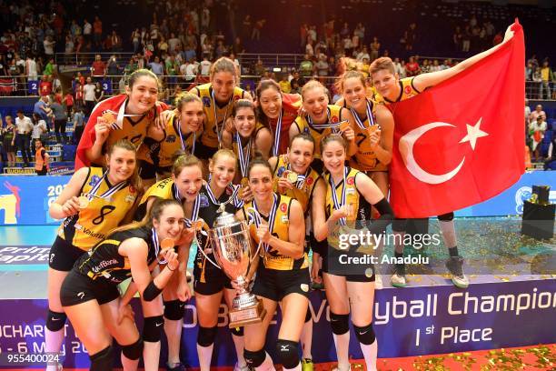 VakifBank Istanbul's players pose with the trophy after winning the Gold medal following the match between CS Volei Alba Blaj and VakifBank Istanbul...