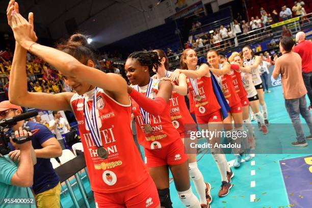 Volei Alba Blaj's players celebrate after winning Silver medal following the match between CS Volei Alba Blaj and VakifBank Istanbul within the CEV...