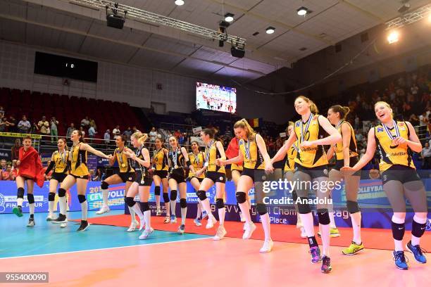 VakifBank Istanbul's players celebrate after winning the Gold medal following the match between CS Volei Alba Blaj and VakifBank Istanbul within the...