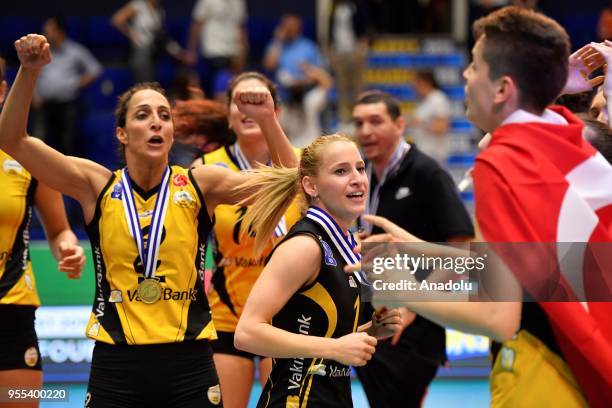 VakifBank Istanbul's Gizem Orge celebrates after winning the Gold medal following the match between CS Volei Alba Blaj and VakifBank Istanbul within...