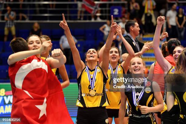 VakifBank Istanbul's players celebrate after winning the Gold medal following the match between CS Volei Alba Blaj and VakifBank Istanbul within the...