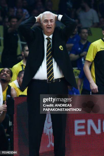 Athen's head coach Dragan Sakota reacts during the final four Champions League final basketball game between AS Monaco and AEK Athens at the OAKA...