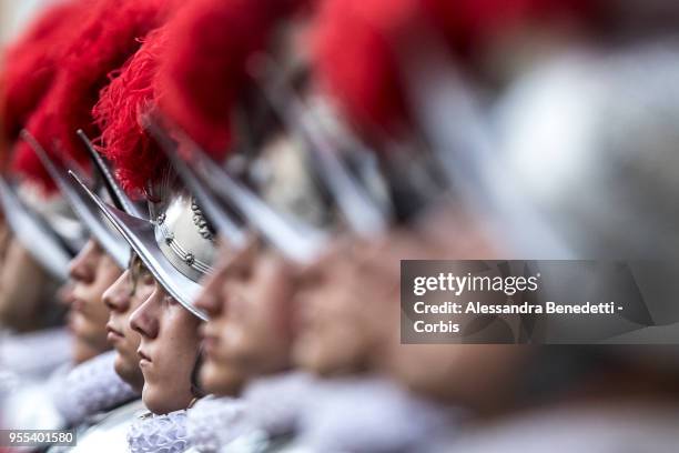 New Vatican Swiss Guards recruits swear in during a ceremony at St. Damaso courtyard on May 6, 2018 in Vatican City, Vatican. The annual swearing in...