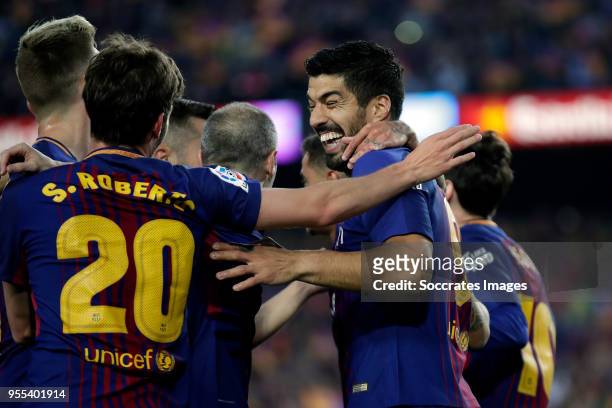Luis Suarez of FC Barcelona celebrates 1-0 with Sergi Roberto of FC Barcelona, Andries Iniesta of FC Barcelona during the La Liga Santander match...