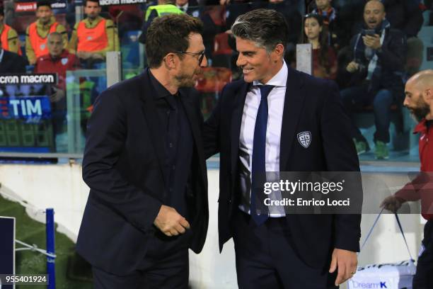 Eusebio di Francesco and Diego Lopez during the serie A match between Cagliari Calcio and AS Roma at Stadio Sant'Elia on May 6, 2018 in Cagliari,...