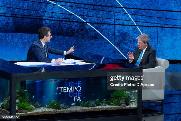 Italian Prime Minister Paolo Gentiloni and Fabio Fazio attends 'Che Tempo Che Fa' tv show on May 6, 2018 in Milan, Italy.