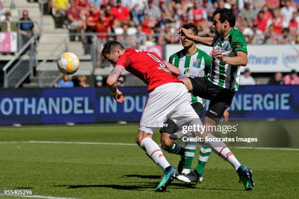 Wout Weghorst of AZ Alkmaar scores the fifth goal to make it 5-0, Dirk Marcellis of PEC Zwolle during the Dutch Eredivisie match between AZ Alkmaar v...