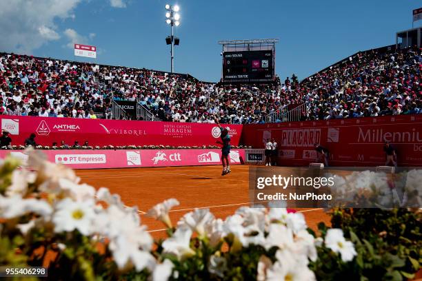 Portuguese tennis player Joao Sousa returns a ball to North-American tennis player Frances Tiafoe during their Millennium Estoril Open ATP Singles...