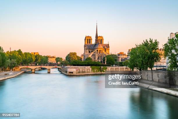 seine riverfront with notre-dame cathedralat sunrise in paris, france. (morning) - fluss seine stock-fotos und bilder