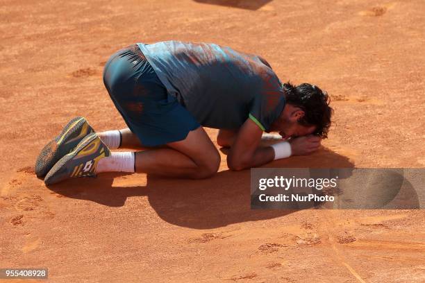 Joao Sousa of Portugal celebrates after winning the Millennium Estoril Open ATP 250 tennis tournament final against Frances Tiafoe of US, at the...