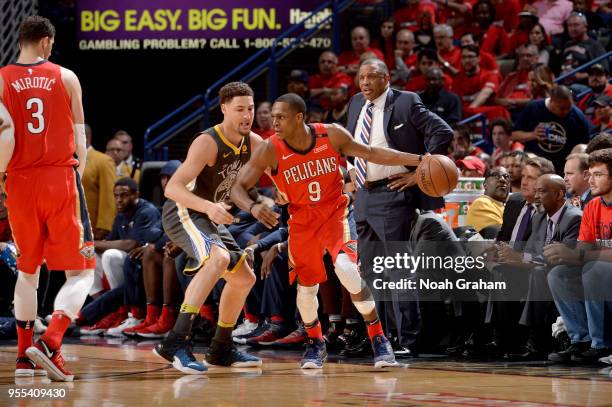 Rajon Rondo of the New Orleans Pelicans handles the ball against the Golden State Warriors during Game Four of the Western Conference Semifinals of...