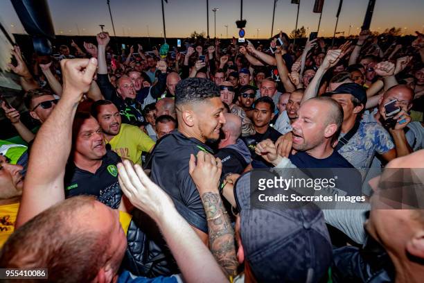 Bjorn Johnsen of ADO Den Haag arrives at the stadium after the victory and qualification for the play offs during the Dutch Eredivisie match between...