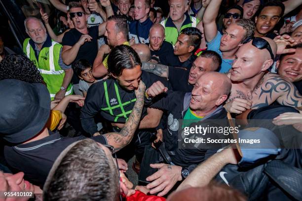 Nasser El Khayati of ADO Den Haag arrives at the stadium after the victory and qualification for the play offs during the Dutch Eredivisie match...
