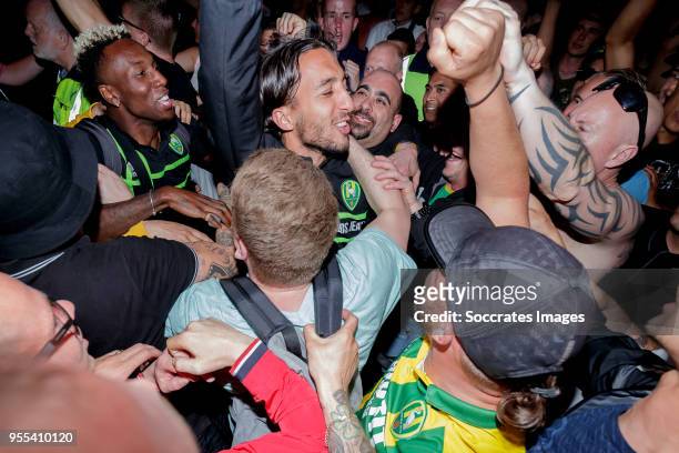 Sheraldo Becker of ADO Den Haag, Nasser El Khayati of ADO Den Haag arrive at the stadium after the victory and qualification for the play offs during...