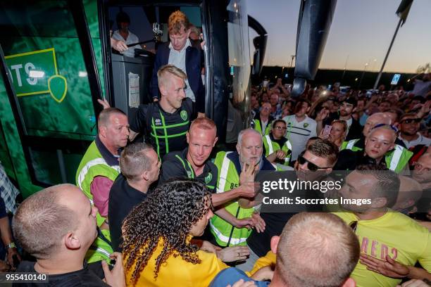 Coach Alfons Groenendijk of ADO Den Haag, Lex Immers of ADO Den Haag, Tom Beugelsdijk of ADO Den Haag arrive at the stadium after the victory and...