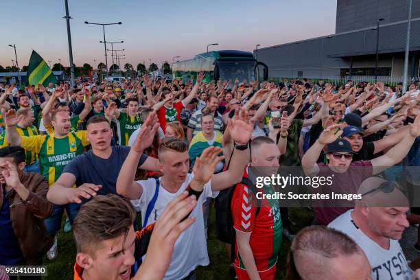 Players bus of ADO Den Haag arrives at the stadium after the victory and qualification for the play offs during the Dutch Eredivisie match between...