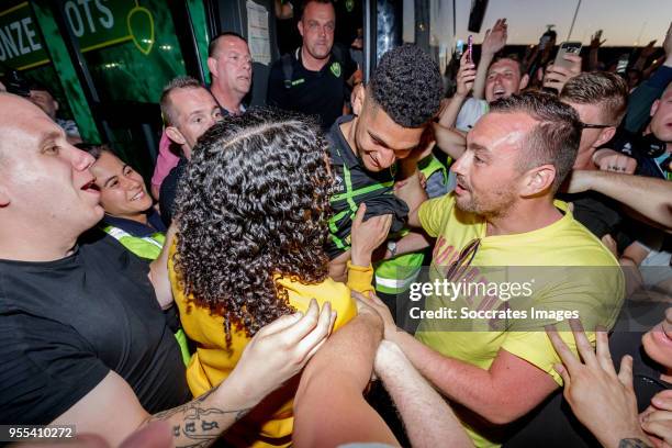 Bjorn Johnsen of ADO Den Haag arrives at the stadium after the victory and qualification for the play offs during the Dutch Eredivisie match between...