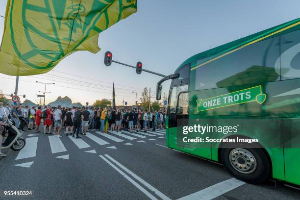 Players bus of ADO Den Haag arrives at the stadium after the victory and qualification for the play offs during the Dutch Eredivisie match between...