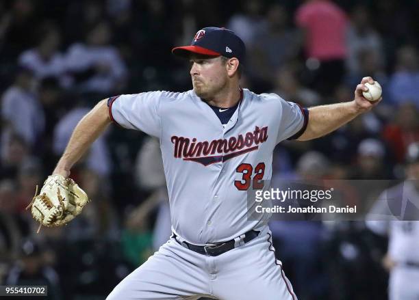Zach Duke of the Minnesota Twins pitches against the Chicago White Sox at Guaranteed Rate Field on May 4, 2018 in Chicago, Illinois. The Twins...
