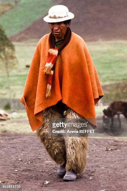 Indien Puruha portant un pantalon en peau d'âne à Tixan, dans la province du Chimborazo, Equateur.