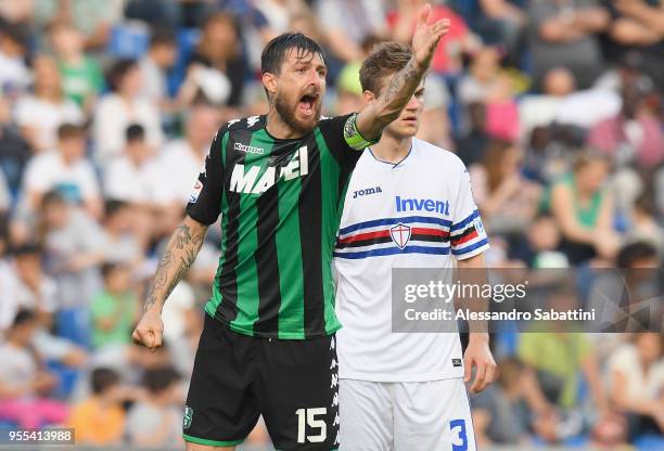 Francesco Acerbi of US Sassuolo gestures during the serie A match between US Sassuolo and UC Sampdoria at Mapei Stadium - Citta' del Tricolore on May...