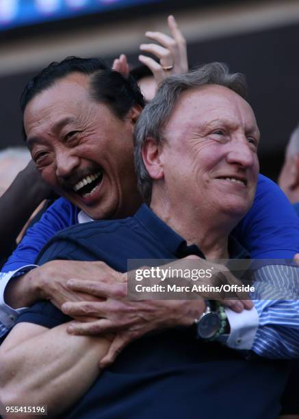 Cardiff City manager Neil Warnock celebrates with club owner Vincent Tan during the Sky Bet Championship match between Cardiff City and Reading at...