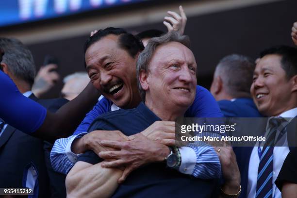 Cardiff City manager Neil Warnock celebrates with club owner Vincent Tan during the Sky Bet Championship match between Cardiff City and Reading at...