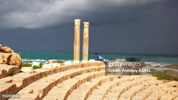 Ruins of the amphitheatre by the sea , Leptis Magna, Libya.