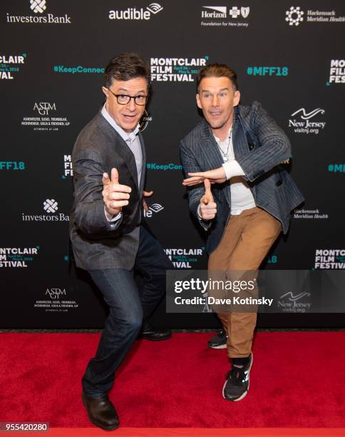 Ethan Hawke and Stephen Colbert arrive at the Montclair Film Festival on May 6, 2018 in Montclair, NJ.