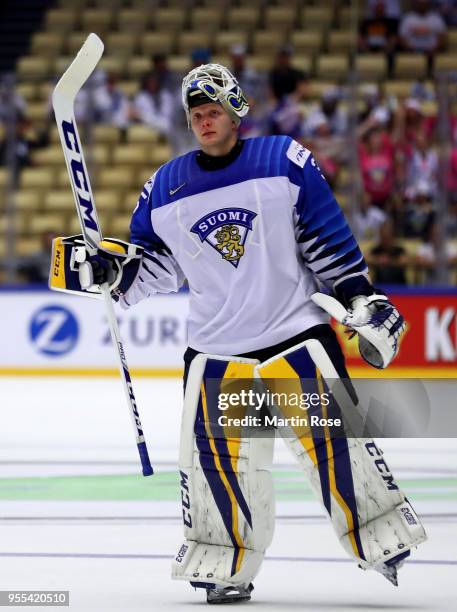 Ville Husso, goaltender of Finland loks on during the 2018 IIHF Ice Hockey World Championship group stage game between Latvia and Finland at Jyske...