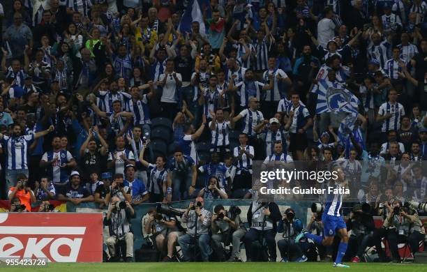 Porto forward Yacine Brahimi from Algeria celebrates after scoring a goal during the Primeira Liga match between FC Porto and CD Feirense at Estadio...