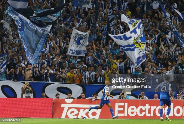 Porto forward Yacine Brahimi from Algeria celebrates after scoring a goal during the Primeira Liga match between FC Porto and CD Feirense at Estadio...