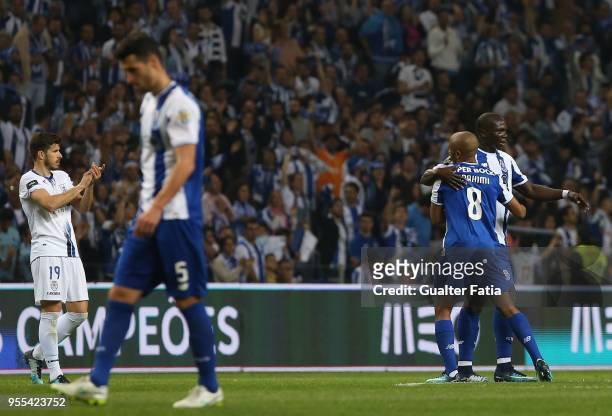 Porto forward Yacine Brahimi from Algeria celebrates with teammate FC Porto forward Vincent Aboubakar from Cameroon after scoring a goal during the...