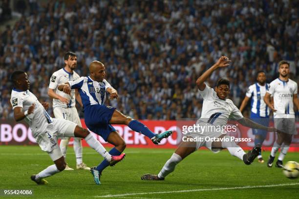 Yacine Brahimi of FC Porto scores the second goal during the Primeira Liga match between FC Porto and Feirense at Estadio do Dragao on May 6, 2018 in...