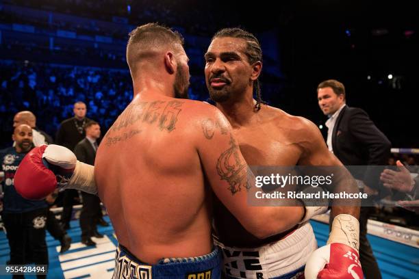 Tony Bellew and David Haye embrace after Bellew wins the Heavyweight contest between Tony Bellew and David Haye at The O2 Arena on May 5, 2018 in...