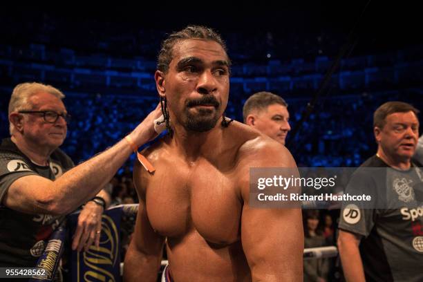 David Haye reacts after Bellew wins the Heavyweight contest between Tony Bellew and David Haye at The O2 Arena on May 5, 2018 in London, England. At...