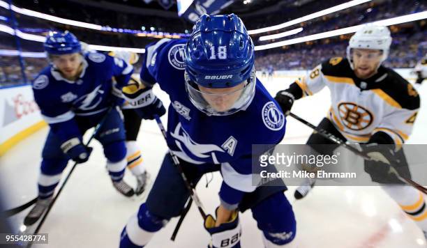 Ondrej Palat of the Tampa Bay Lightning fights for the puck during Game Five of the Eastern Conference Second Round against the Boston Bruins during...