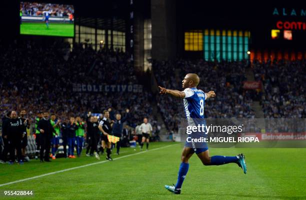 Porto's Algerian forward Yacine Brahimi celebrates after scoring a goal during the Portuguese league football match between FC Porto and CD Feirense...