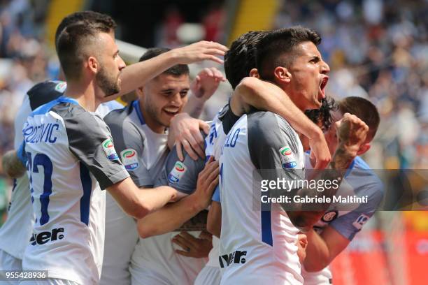 Internazionale Milano players celebrate a goal scored by Andrea Ranocchia during the serie A match between Udinese Calcio and FC Internazionale at...