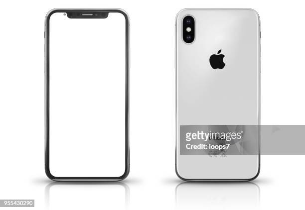 apple iphone x zilver front- en achterzicht - loops7 stockfoto's en -beelden