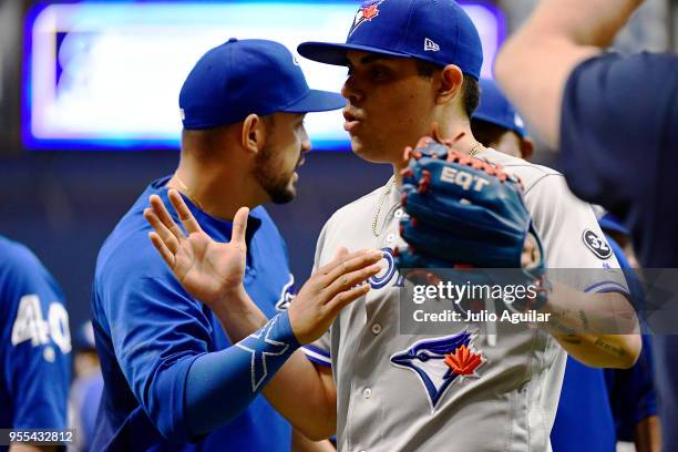 Roberto Osuna of the Toronto Blue Jays celebrates with teammates after winning 2-1 against the Tampa Bay Rays on May 6, 2018 at Tropicana Field in St...