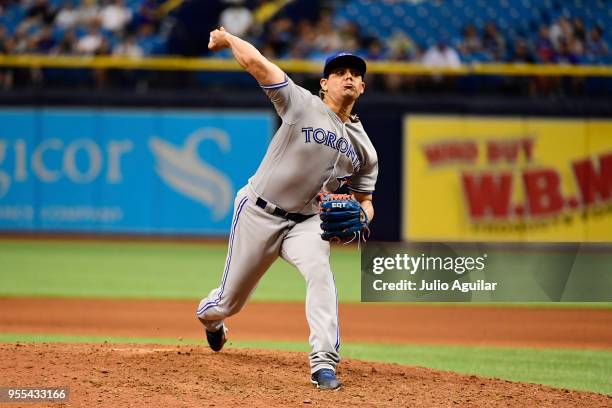 Roberto Osuna of the Toronto Blue Jays pitches during the ninth inning against the Tampa Bay Rays on May 6, 2018 at Tropicana Field in St Petersburg,...