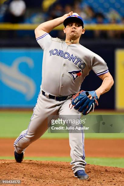 Roberto Osuna of the Toronto Blue Jays pitches during the ninth inning against the Tampa Bay Rays on May 6, 2018 at Tropicana Field in St Petersburg,...