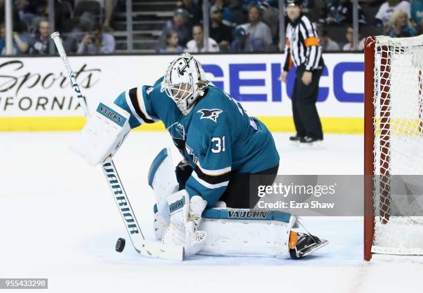 Martin Jones of the San Jose Sharks makes a save against the Vegas Golden Knights during Game Four of the Western Conference Second Round during the...