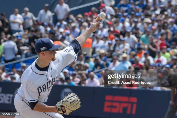 Starting pitcher Eric Lauer of San Diego Padres pitches in the first inning during the MLB game against the Los Angeles Dodgers at Estadio de Beisbol...