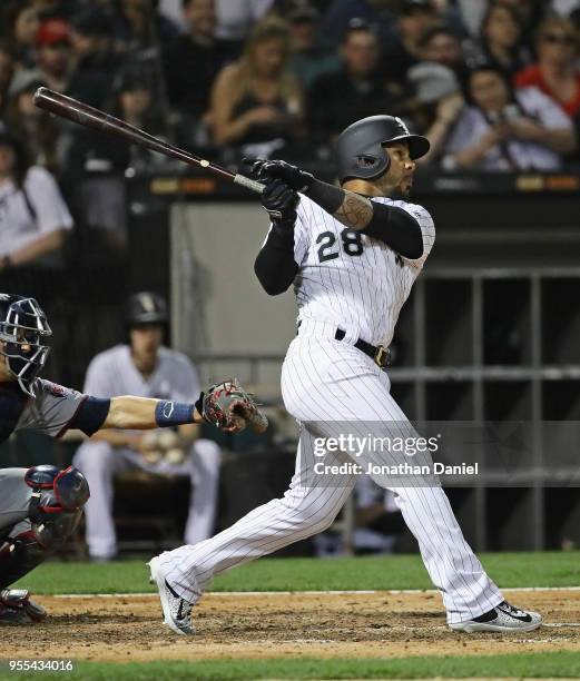 Leury Garcia of the Chicago White Sox bats against the Minnesota Twins at Guaranteed Rate Field on May 4, 2018 in Chicago, Illinois. The Twins...