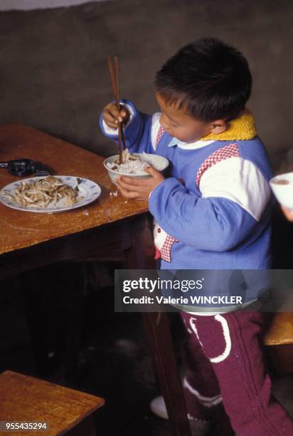 Enfant mangeant du riz au soja lors de la célébration du nouvel an chinois à Fujian, Chine.